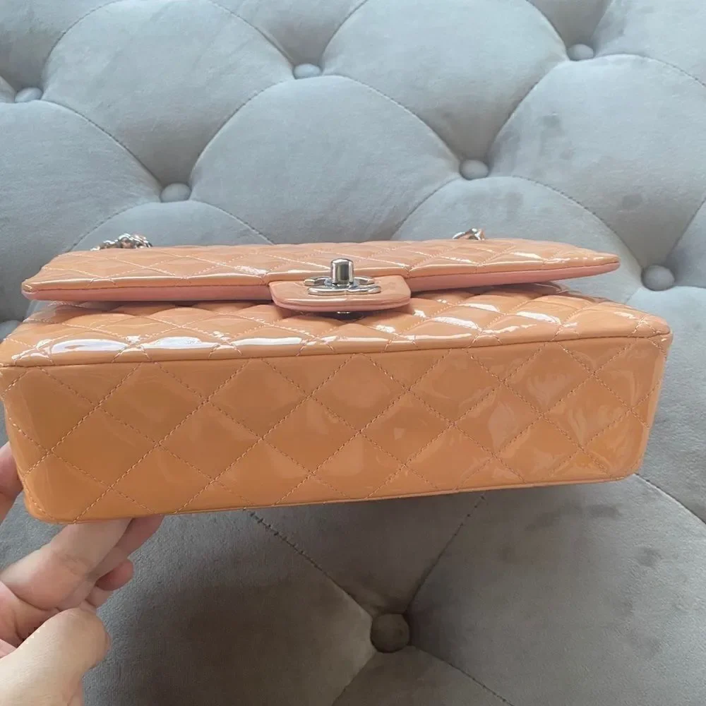 CHANEL Classic Medium Double Flap Bag peach patent